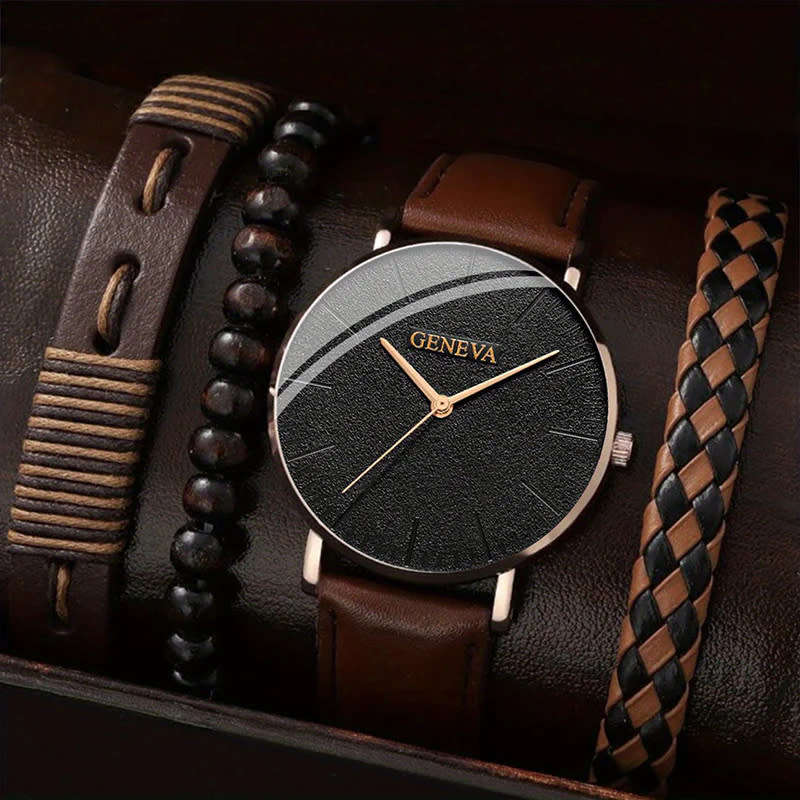 1 Piece Casual Business Men`s Quartz Watch And 3 Pieces Bracelet