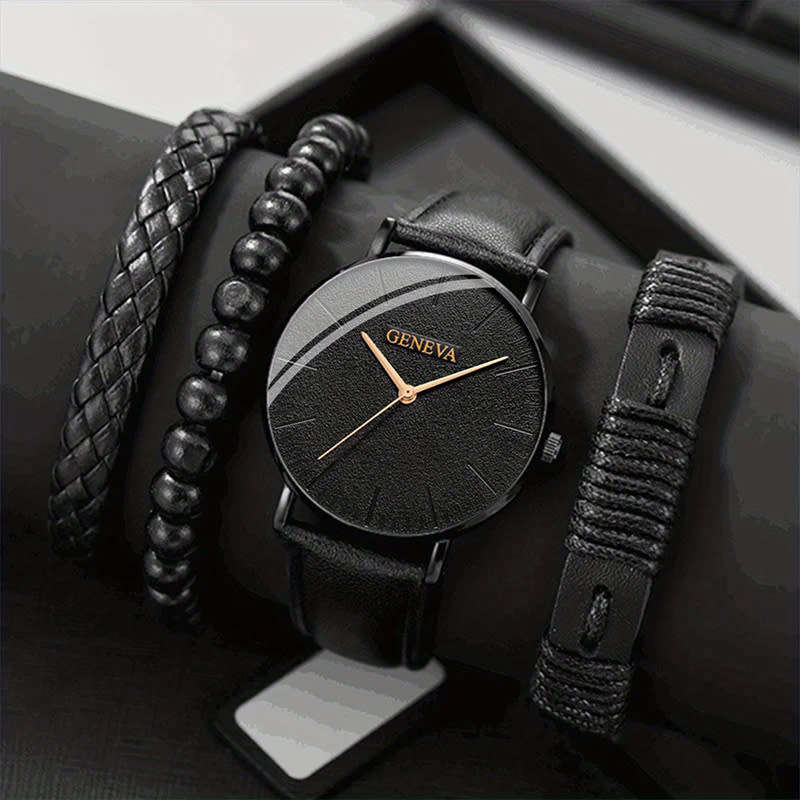1 Piece Casual Business Men`s Quartz Watch And 3 Pieces Bracelet