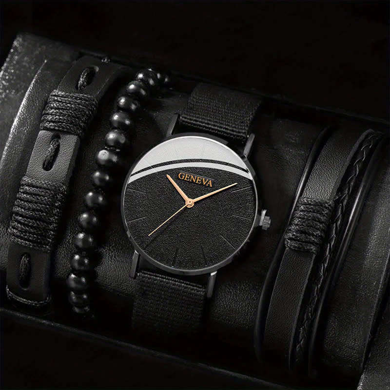 1 Piece Casual Business Men`s Quartz Watch And 3 Pieces Bracelet