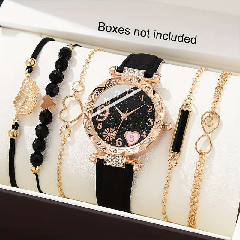 6 Pcs/Set Women`s Watches Cute Pink Heart Quartz Watch Shiny Rhinestone Analog Watch And Bracelet, G