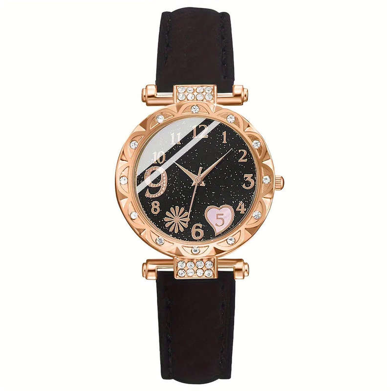 6 Pcs/Set Women`s Watches Cute Pink Heart Quartz Watch Shiny Rhinestone Analog Watch And Bracelet, G