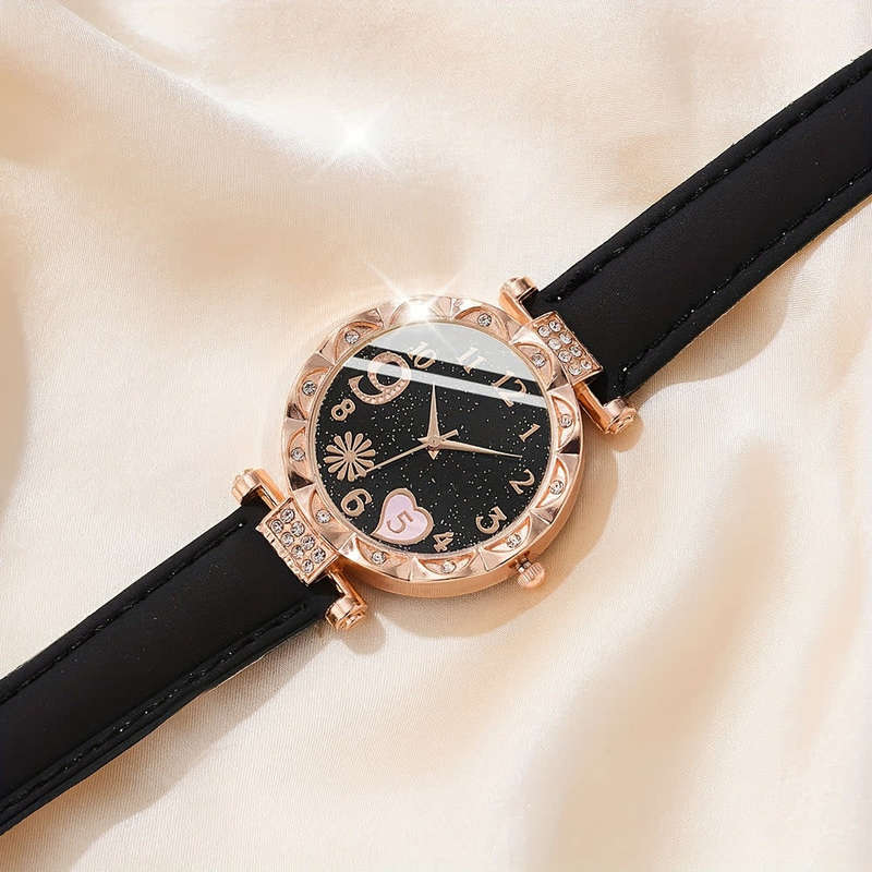 6 Pcs/Set Women`s Watches Cute Pink Heart Quartz Watch Shiny Rhinestone Analog Watch And Bracelet, G