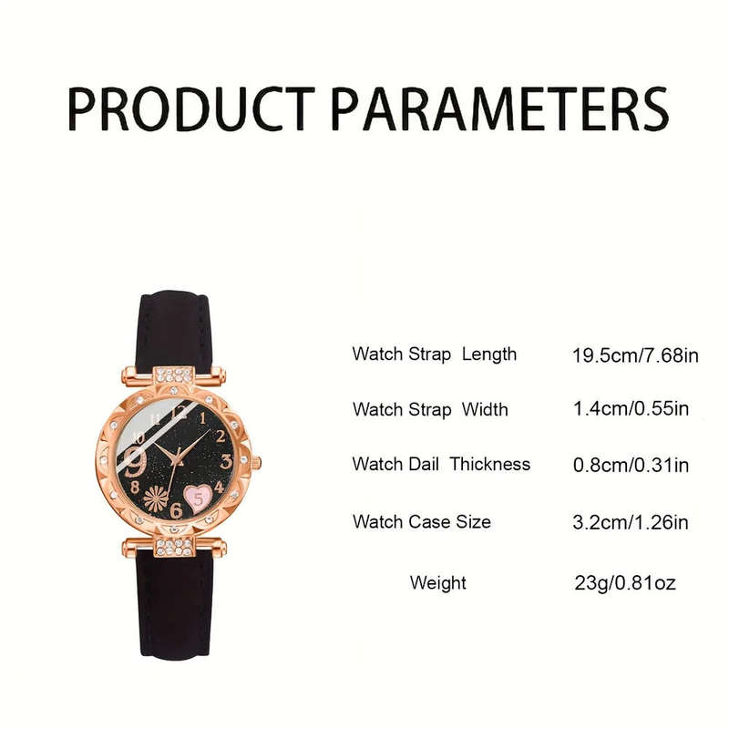 6 Pcs/Set Women`s Watches Cute Pink Heart Quartz Watch Shiny Rhinestone Analog Watch And Bracelet, G