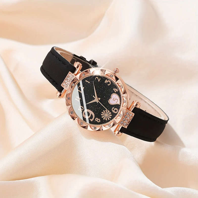 6 Pcs/Set Women`s Watches Cute Pink Heart Quartz Watch Shiny Rhinestone Analog Watch And Bracelet, G