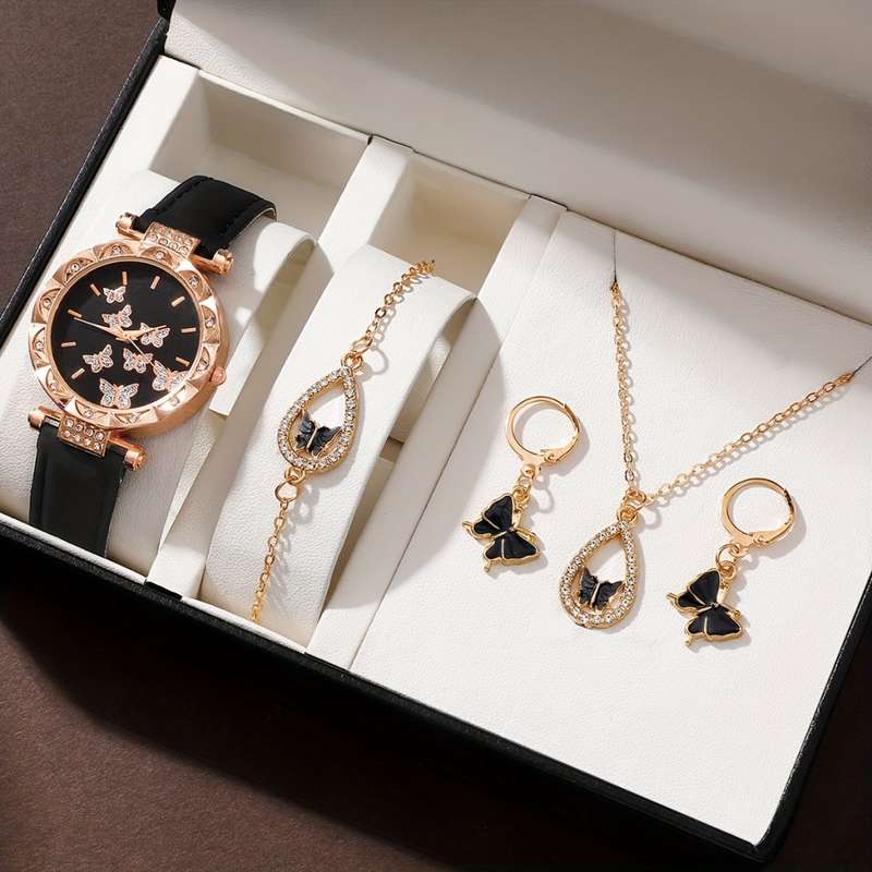 5pcs/Set Women`s Watch Elegant Butterfly Quartz Watch Sparkling Rhinestone Analog Watch And Jewelry