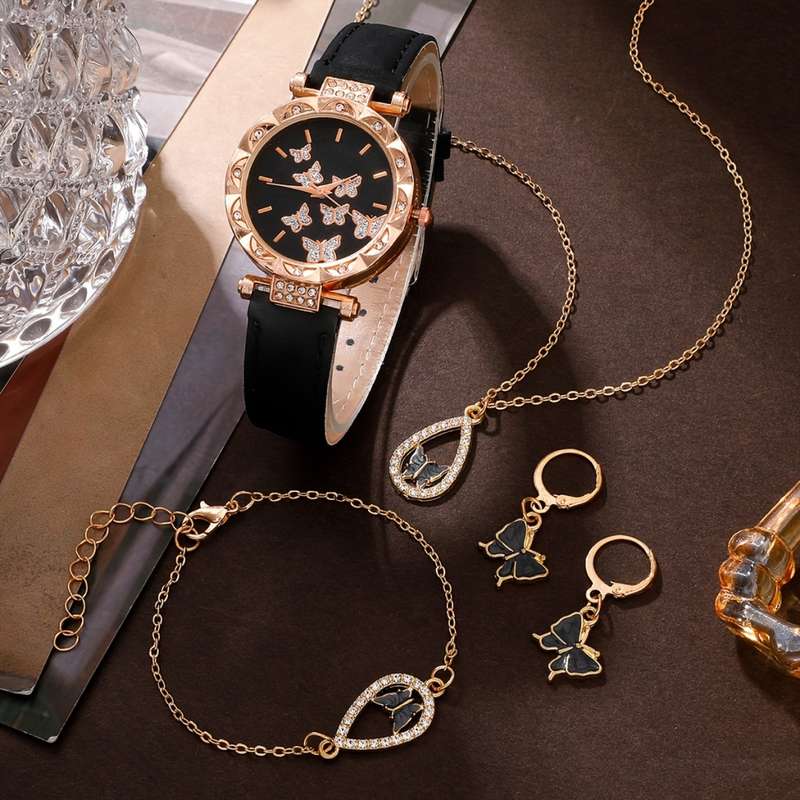5pcs/Set Women`s Watch Elegant Butterfly Quartz Watch Sparkling Rhinestone Analog Watch And Jewelry