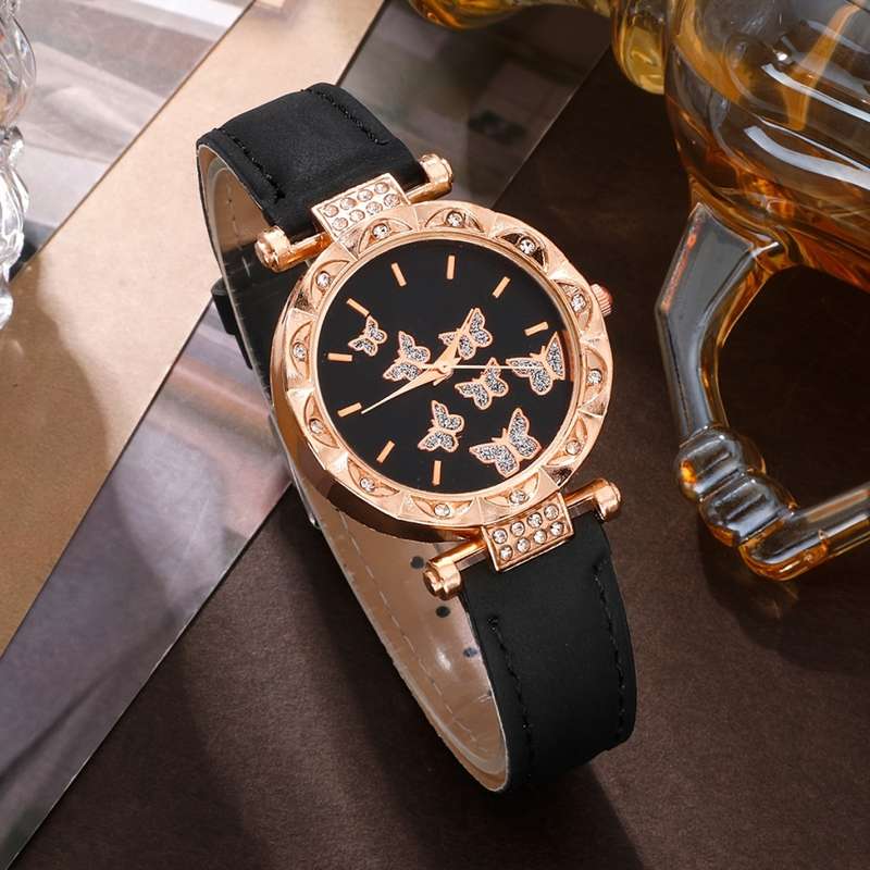 5pcs/Set Women`s Watch Elegant Butterfly Quartz Watch Sparkling Rhinestone Analog Watch And Jewelry
