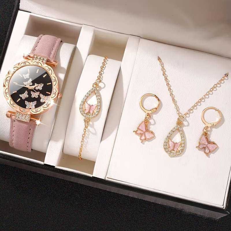 5pcs/Set Women`s Watch Elegant Butterfly Quartz Watch Sparkling Rhinestone Analog Watch And Jewelry
