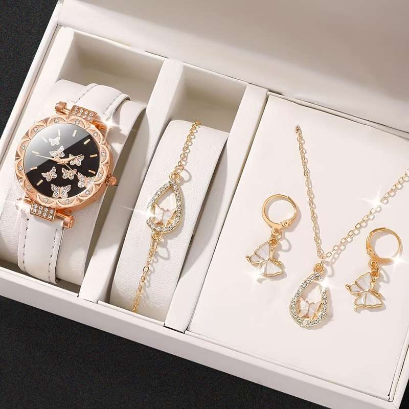 5pcs/Set Women`s Watch Elegant Butterfly Quartz Watch Sparkling Rhinestone Analog Watch And Jewelry