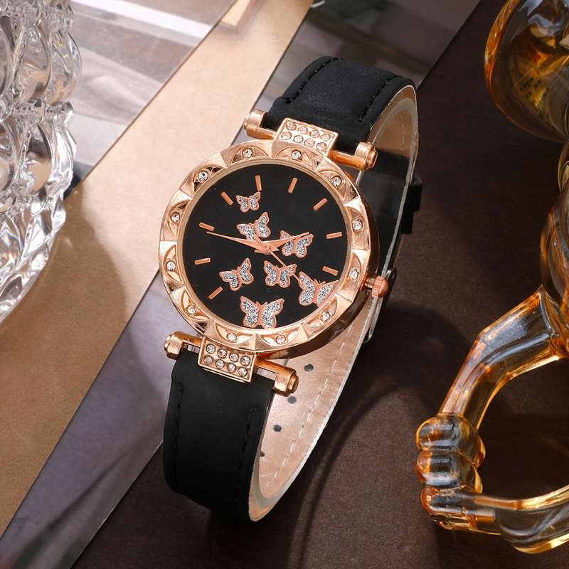 5pcs/Set Women`s Watch Elegant Butterfly Quartz Watch Sparkling Rhinestone Analog Watch And Jewelry