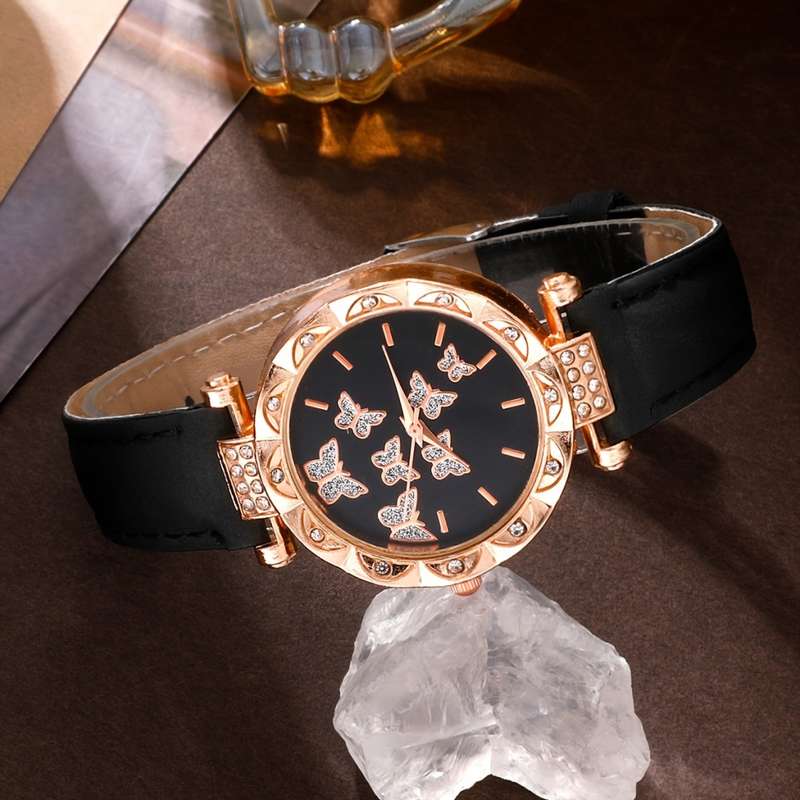 5pcs/Set Women`s Watch Elegant Butterfly Quartz Watch Sparkling Rhinestone Analog Watch And Jewelry