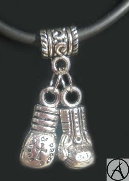 ANTIQUE SILVER ADORABLE DOUBLE BOXING GLOVE CHARM AMULET PENDANTS ¿ SILICONE NECKLACE