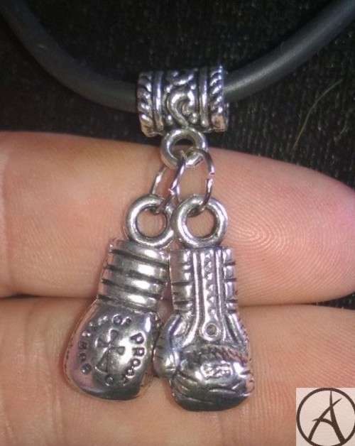 ANTIQUE SILVER ADORABLE DOUBLE BOXING GLOVE CHARM AMULET PENDANTS ¿ SILICONE NECKLACE