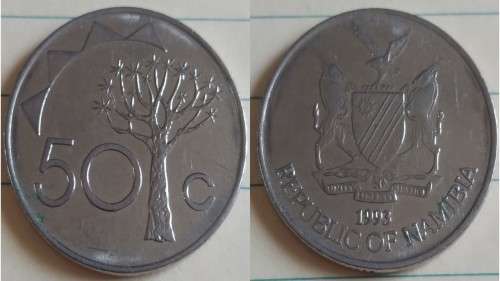 1993 - Namibia - 50c - Quiver tree  - Demonetised No -Nickel Plated Steel