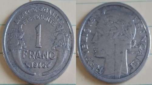 1946 B - France - 1 Franc (Light Type) - Wreathed Female Head (Marianna) - Demonetised Feb 2005 -Alu