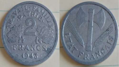 1943 - France - 2 Francs Vichy French State - Double-headed axe - Demonetised Feb 2005 -Aluminium-Ma