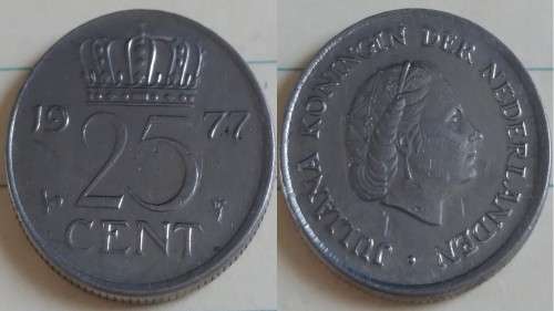 1977 - Nederland - 25 Cent - Queen Juliana - Demonetised Feb 2002 -Nickel