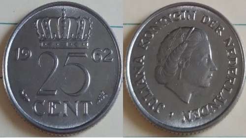 1962 - Nederland - 25 Cent - Queen Juliana - Demonetised Feb 2002 -Nickel