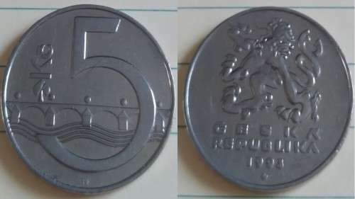 1993 - Czech Republic - 5 Korun - Czech Lion - Demonetised No -Nickel Plated Steel