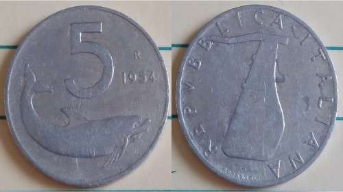 1954 - Italy - 5 Lire - Rudder - Demonetised Feb 2002 -Aluminium