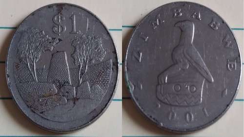 2001 - Zimbabwe - $1 - National Monument View of Great Zimbabwe - Demonetised Yes -Stainless Steel