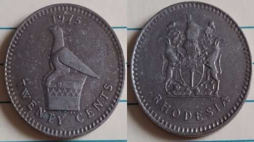 1975 - Rhodesia    - Twenty Cents - Great Zimbabwe bird center - Demonetised Yes -Copper-Nickel