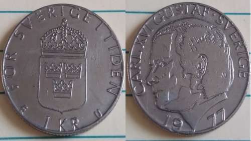 1977 - Sweden - 1 Krona - CARL XVI GUSTAF - Demonetised Jun 2017 -Copper-Nickel plated Copper