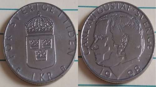 1998 - Sweden - 1 Krona - CARL XVI GUSTAF - Demonetised Jun 2017 -Copper-Nickel