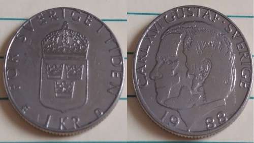1988 - Sweden - 1 Krona - CARL XVI GUSTAF - Demonetised Jun 2017 -Copper-Nickel
