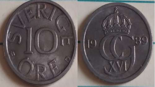 1989 - Sweden - 10 Øre - King Carl XVI  - Demonetised Sep 1992 -Copper-Nickel