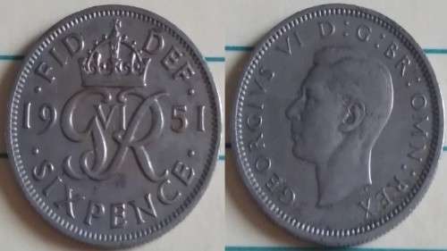 1951 - UK - Six Pence (3rd coinage) - George VI - Demonetised Jun 1980 -Copper-Nickel