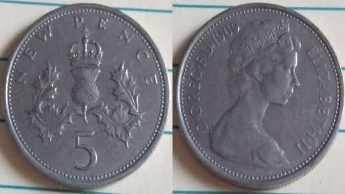 1969 - UK - 5 New Pence - ER II - Demonetised Dec 1990 -Copper-Nickel