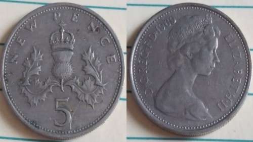 1969 - UK - 5 New Pence - ER II - Demonetised Dec 1990 -Copper-Nickel