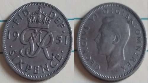 1951 - UK - Six Pence (3rd coinage) - George VI - Demonetised Jun 1980 -Copper-Nickel