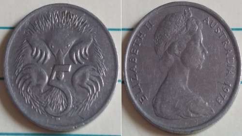 1973 - Australia - 5 cents -  Spiny Ant Eaters - Demonetised No -Copper-Nickel