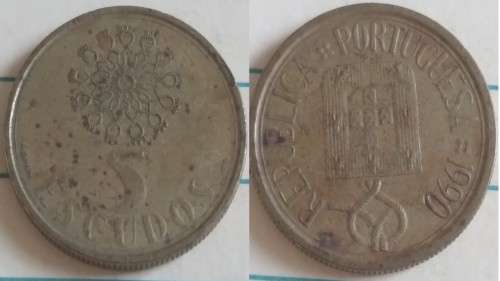 1990 - Portugal - 5 Escudos - Stained Glass Window - Demonetised Feb 2002 -Nickel brass