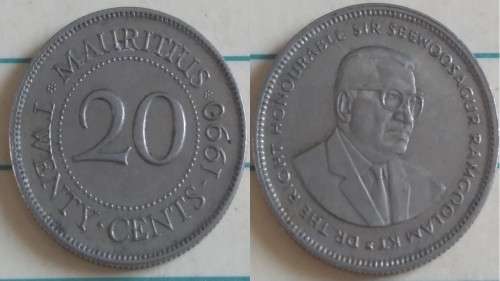 1990 - Mauritius - 20 cent - Sir Seewoosagur Ramgoolam - Demonetised No -Nickel plated steel