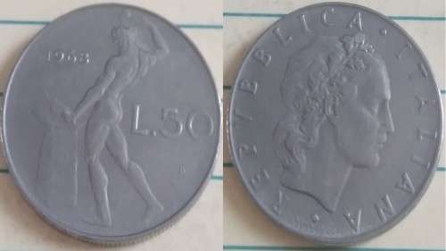 1968 R - Italy - 50 Lire -  Large Type - Goddess Minerva - Demonetised Feb 2002 -Acmonital