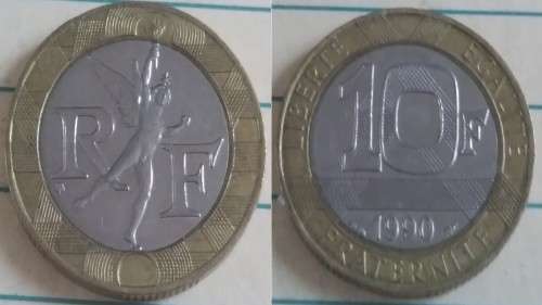 1990 - France - 10 Francs - Génie de la Liberté  - Demonetised Feb 2002 -Bimetallic: nickel centre i