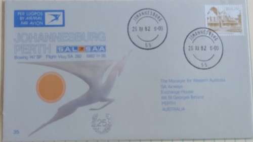 1982 -  RSA - Airmail Johannesburg Perth #35 -  FDC + Insert