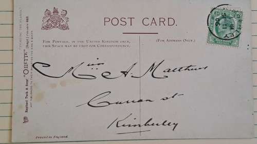1906 - Post Card - Raphael Tuck & Sons # 6458 -  English Back -  Kimberley  -  1/2d Cape of Good Hop