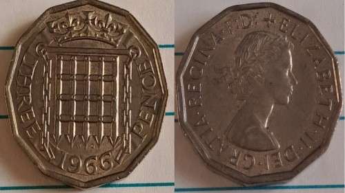 1966 -  UK - 3 Pence - ER II -  Nickel Brass - Demonetised - Aug 1971