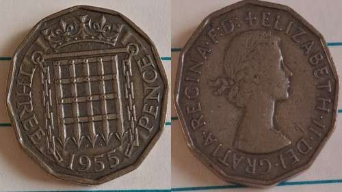 1955 -  UK - 3 Pence - ER II -  Nickel Brass - Demonetised - Aug 1971