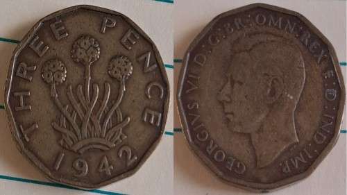 1942 -  UK -  3 Pence - George VI - Nickel Brass  - Demonetised - Aug 1971