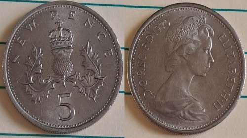 1970 -  UK -  5 New Pence - ER II -  Copper Nickel  - Demonetised - Dec 1990