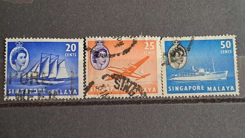 1955 - Singapore Malaya -  WM - 20, 25,  50 - Queen Elizabeth II
