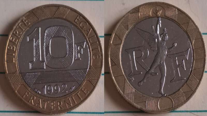 1992 - France - LIBERTÉ ÉGALITÉ FRATERNITÉ - Demonetised Feb 2005 - Bimetallic: nickel center in alu