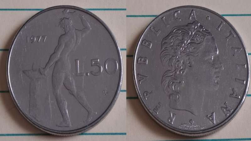 1977 - Italy -  AU/UNC - Representation of the god Vulcan - Demonetised Feb 2002 - Acmonital