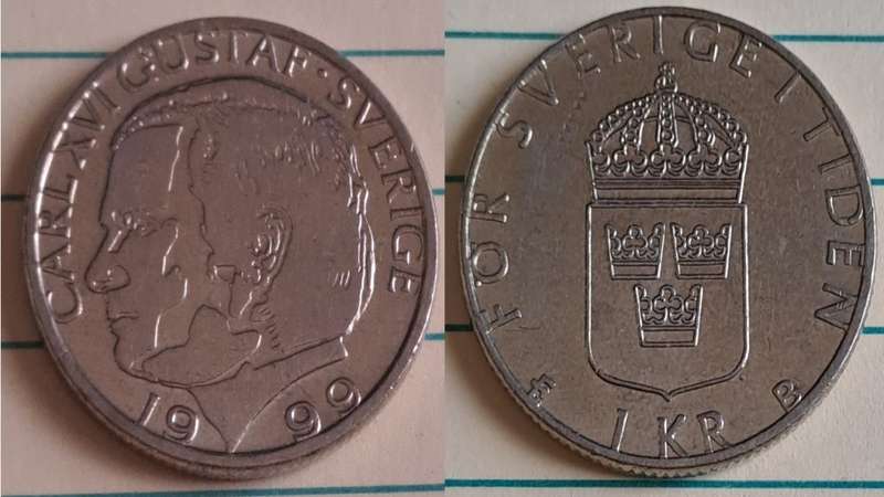 1999 - Sweden - 1 KR - Crowned lesser coat-of-arms of Sweden, - Demonetised Jun 2017 - Copper-nickel