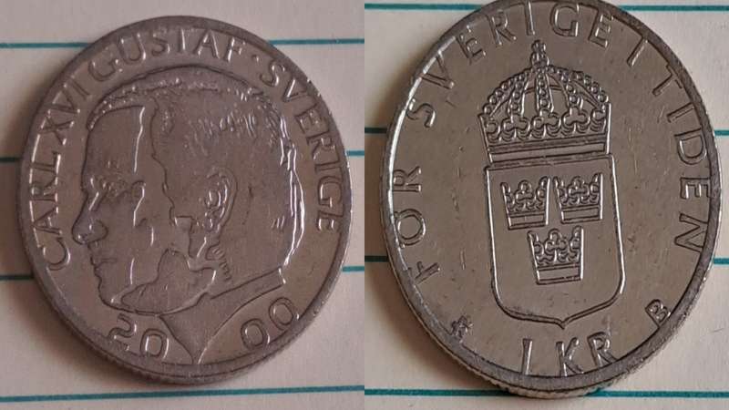 2000 - Sweden - 1 KR - Crowned lesser coat-of-arms of Sweden, - Demonetised Jun 2017 - Copper-nickel